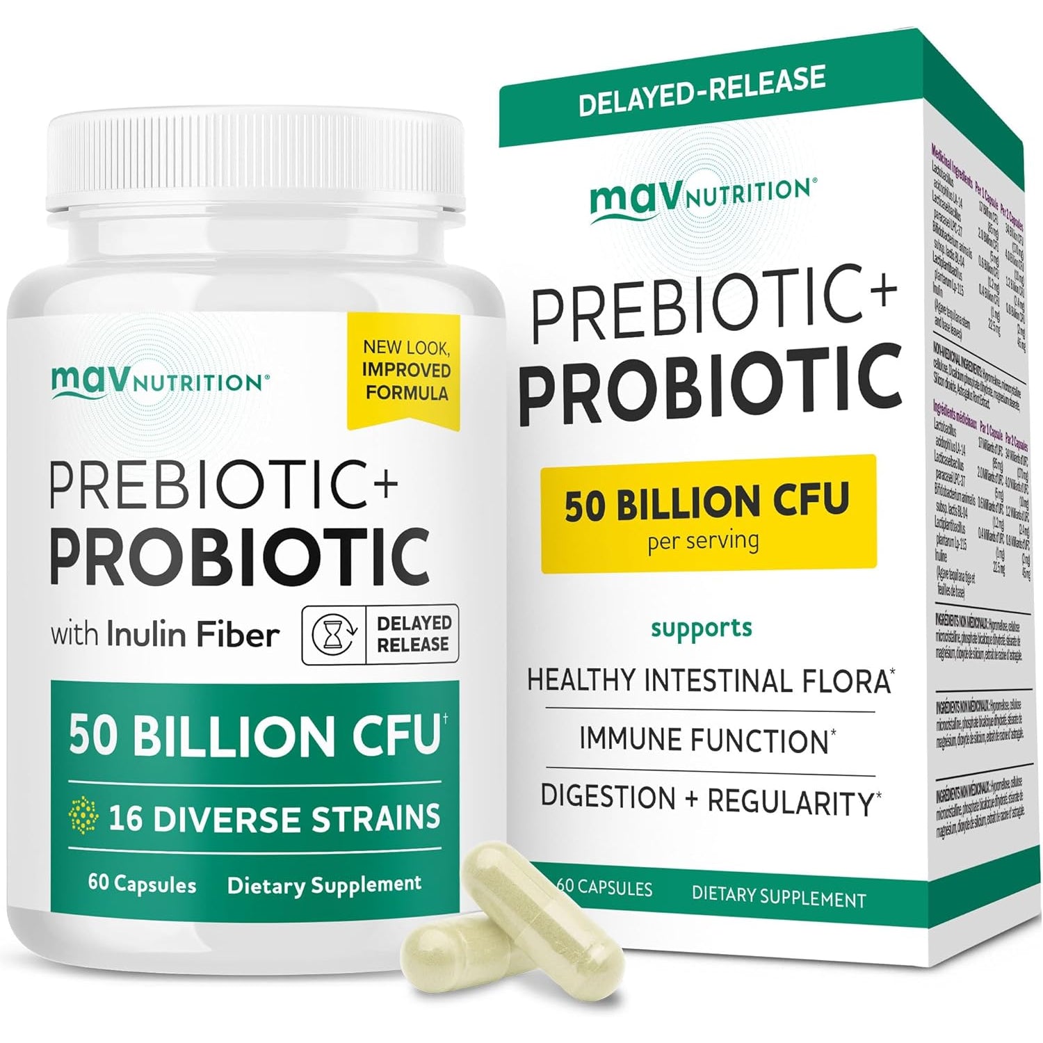 Prebiotics and Probiotics | 50 Billion CFU, 16 Probiotic Strains & Inulin Prebiotic Fiber | Delayed Release Capsules | Gut Health Support | Prebiotics and Probiotics for Women & Men | Non-Gmo | 60 Ct
