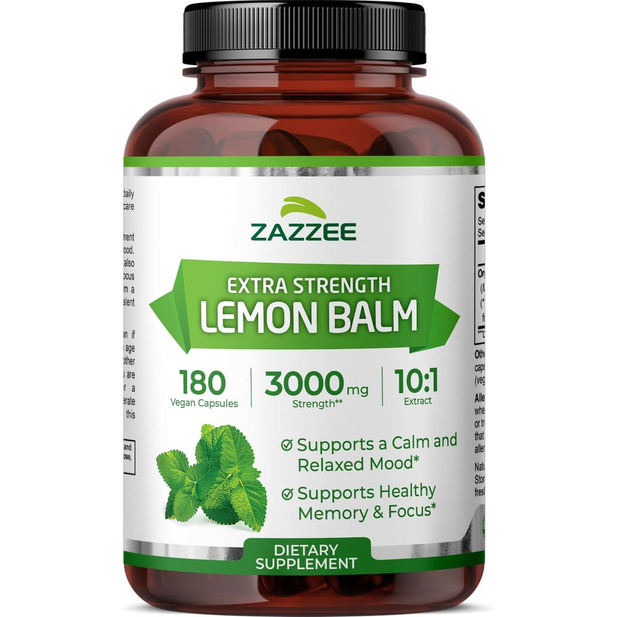 Zazzee Organic Lemon Balm 10:1 Extract, 180 Vegan Capsules, 6 Month Supply, Melissa Officinalis, Calm, Mood, Stress & Relaxation Support, Herbal Supplement, All-Natural, Non-Gmo, Made in the USA