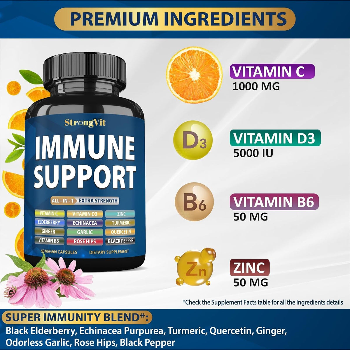 Strongvit Immune Support Supplement 12 in 1 Complex with Vitamin C, D3, Zinc, Echinacea, Elderberry, Ginger, Turmeric. Immune Defend for Men & Women, Non-Gmo, Gluten-Free, Vegan, USA