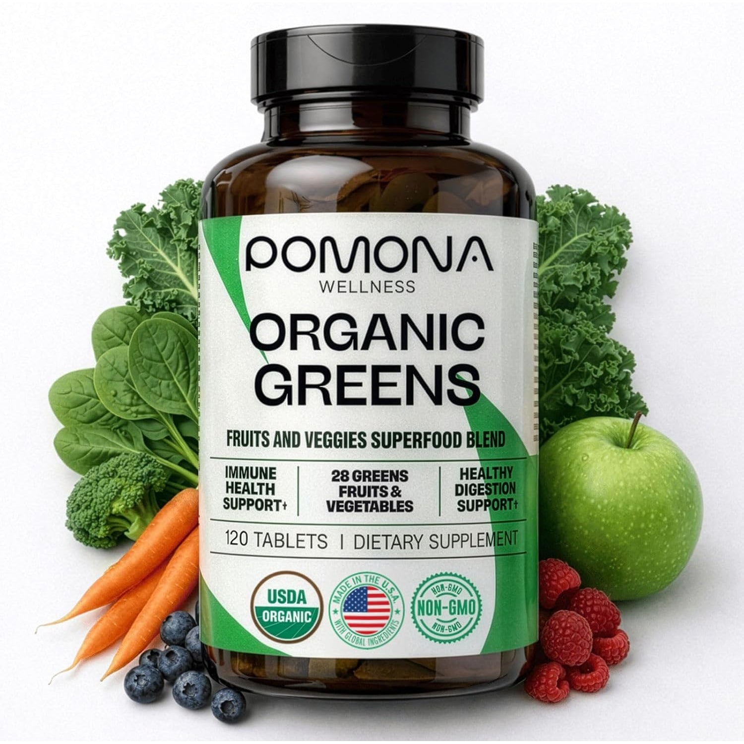 Pomona Wellness Super Greens Supplement, Full of Superfood Vitamins & Minerals, Fruits & Vegetable, Greens Powder for Bloating and Digestion, Gut Health, USDA Organic, Non-Gmo, 120 Tablets