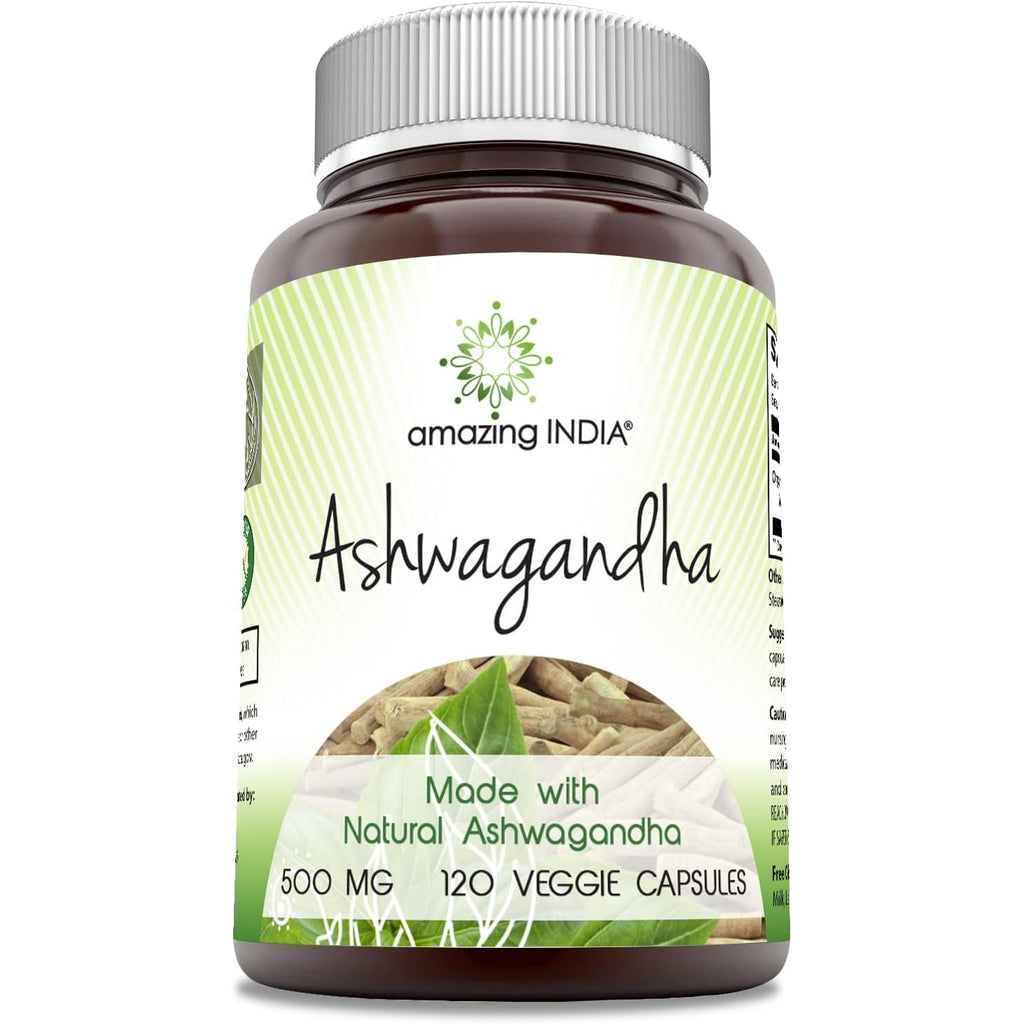 Amazing India Ashwagandha Supplement | 500 Mg per Serving | 120 Veggie Capsules | Non-Gmo | Gluten Free | Made in USA | Ideal for Vegetarians
