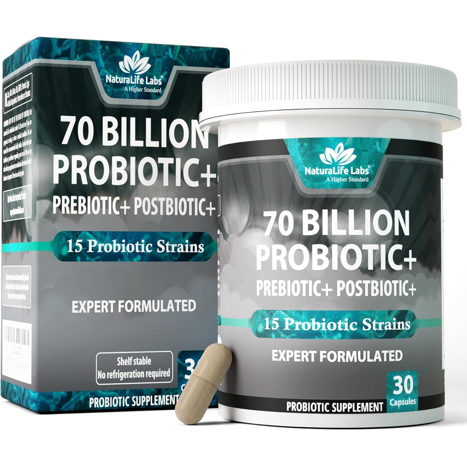 Naturalife Labs Probiotics 70 Billion CFU – 15 Strains + Organic Prebiotic & Postbiotic 3-In-1 – Gut & Digestive Support – Supports Occasional Bloating – Women & Men – Vegan & Shelf Stable – 30 Caps