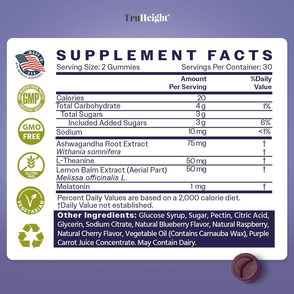 Truheight Sleep Gummies - Kids & Teen Natural Sleep Aid for Tall & Growing Bodies - Pediatric Recommended Growth - Melatonin Gummy, Ashwagandha, L-Theanine, Lemon Balm - Mixed Berry, Taller Ages 4+