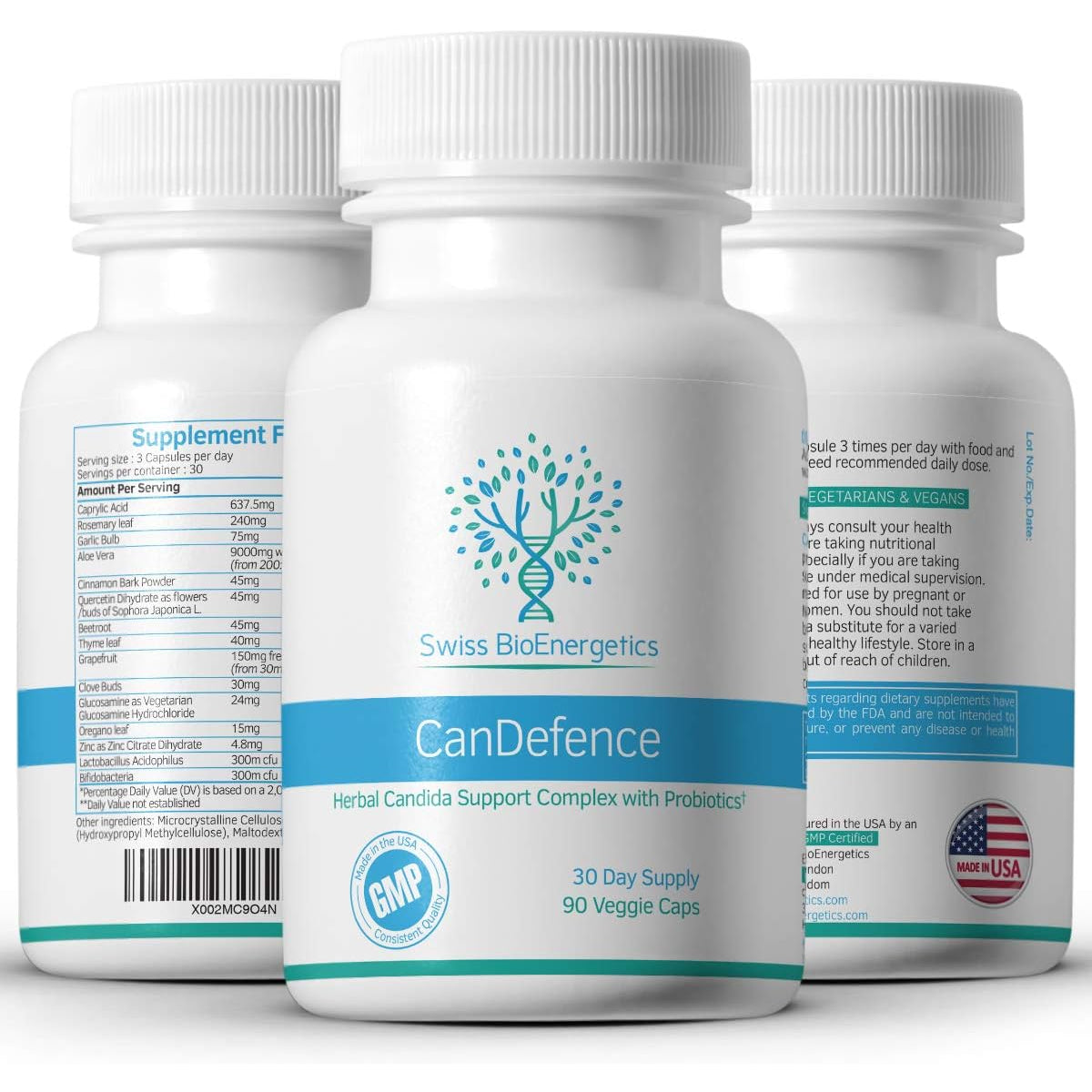 Swiss Bioenergetics Candefence — Herbal & Probiotic Digestive Support Supplement with Caprylic Acid, Oregano, Garlic, Aloe Vera, Probiotics & Zinc — 90 Vegetarian Capsules, 30 Day Supply