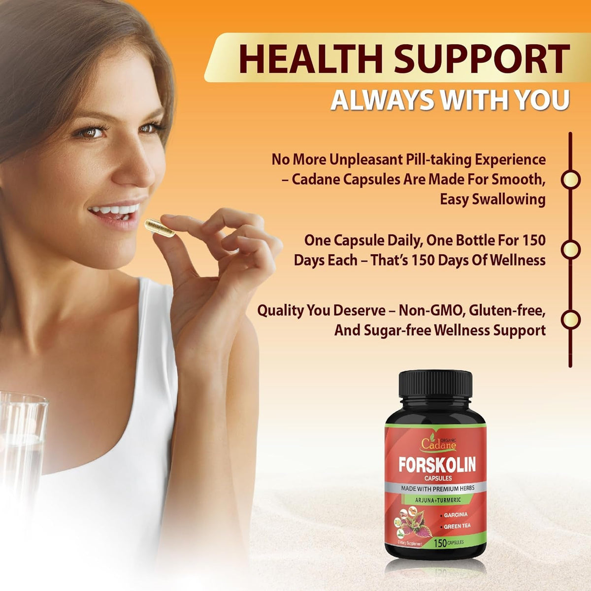 Cadane Forskolin Supplements - 5In1 with Turmeric Curcumin, Arjuna, Garcinia Cambogia, and Green Tea - 5 Month Supply - 150 Capsules