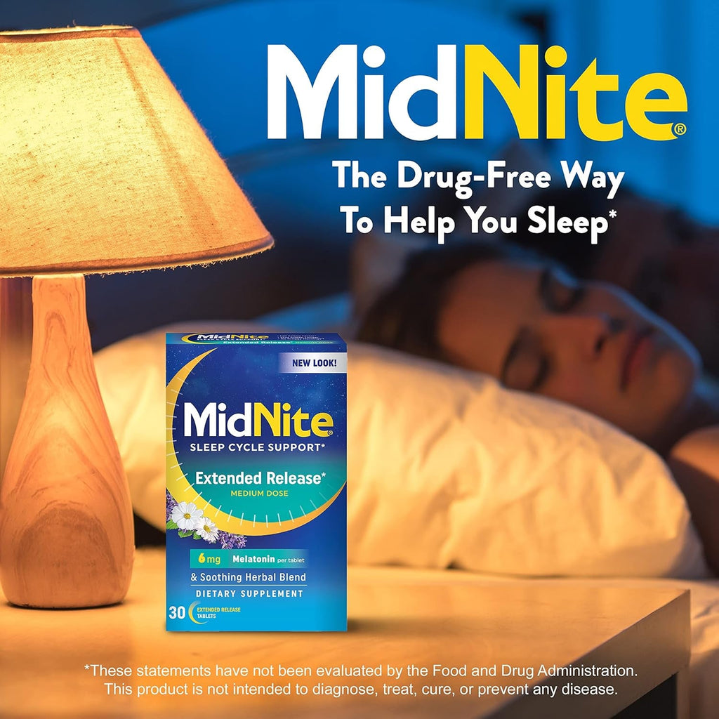 Midnite Extended Release Medium Dose, 6 Mg Melatonin Sleep Aid, Non-Habit Forming, Herbal Dietary Supplement for Adults, Drug-Free, Gluten-Free, Lactose-Free, Vegetarian, Vegan, 30 Tablets