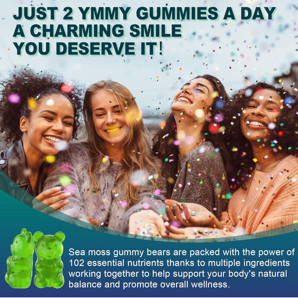 Sea Moss Gummies Sugar-Free, Extra Strength Irish Moss Gel Supplement with Iodine, Chlorophyll, Unfiltered ACV, D3, Burdock Root, Bladderwrack for Immune, Digestive, Skin, Hair, Det❤️X, Vegan, 2Pack