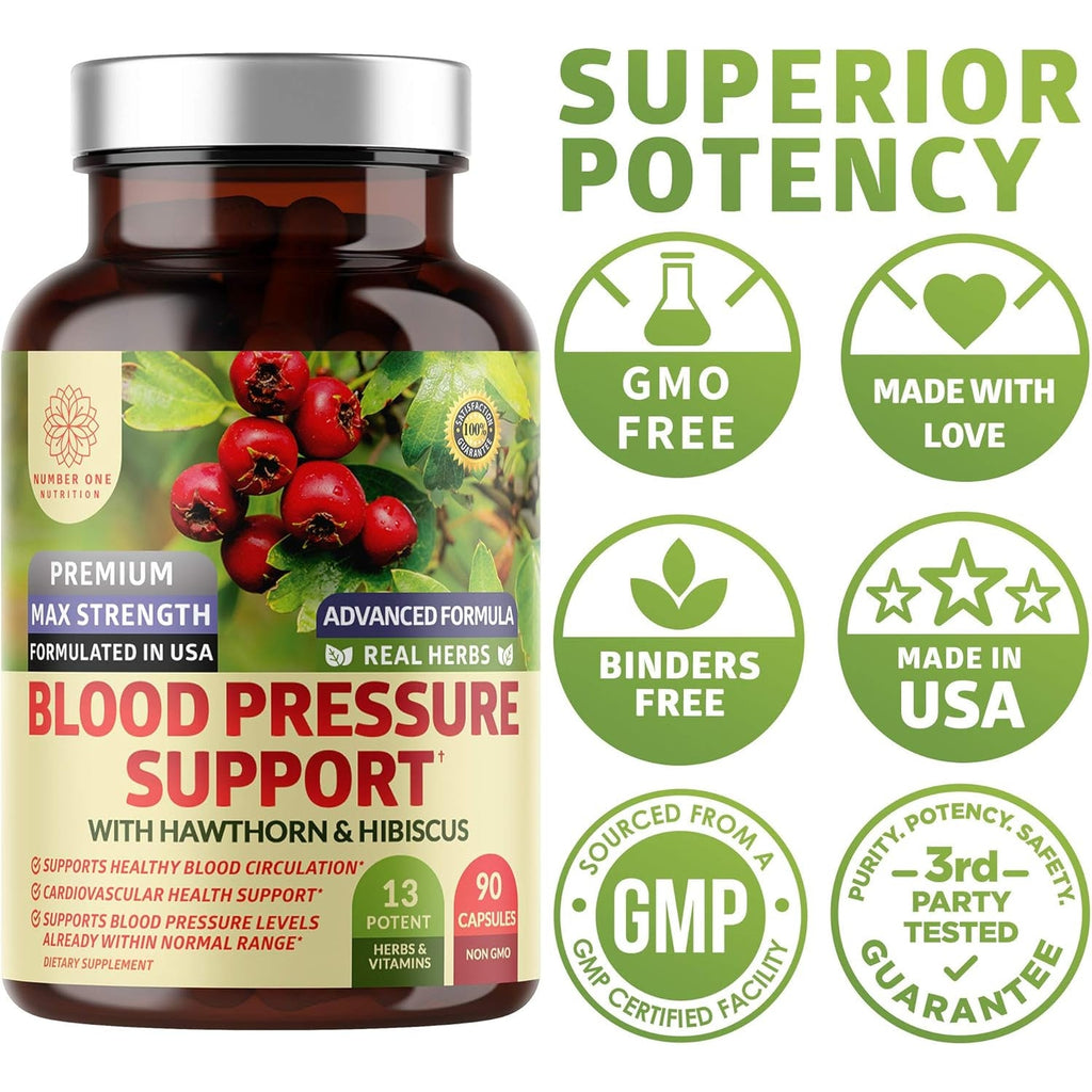 N1N Premium Blood Pressure Support with Hawthorn and Hibiscus, Natural Supplement to Support Blood Flow Health, 90 Caps