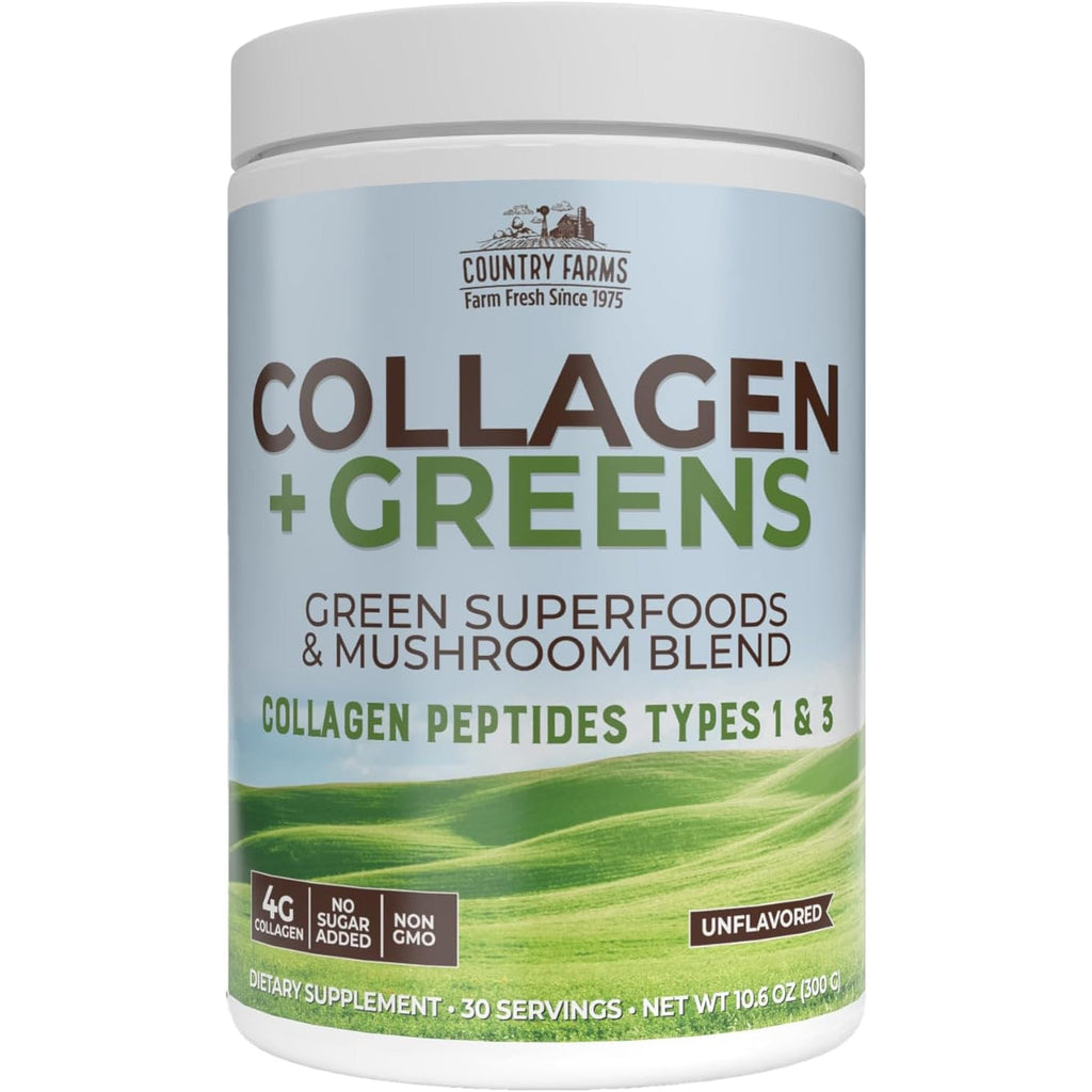 Country Farms Collagen Peptides Powder with Greens Dietary Powder Supplement (Type I, III) for Skin Hair Nail and Joints, Dairy/Gluten/Sugar Free, Energizing Superfoods, Natural, 10.6 Oz 30 Servings