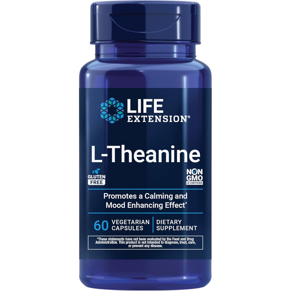 Life Extension L-Theanine, Amino Acid Theanine, Calm, Relaxation, Mood, Gluten-Free, Non-Gmo, Vegetarian, 200 Mg, 60 Capsules