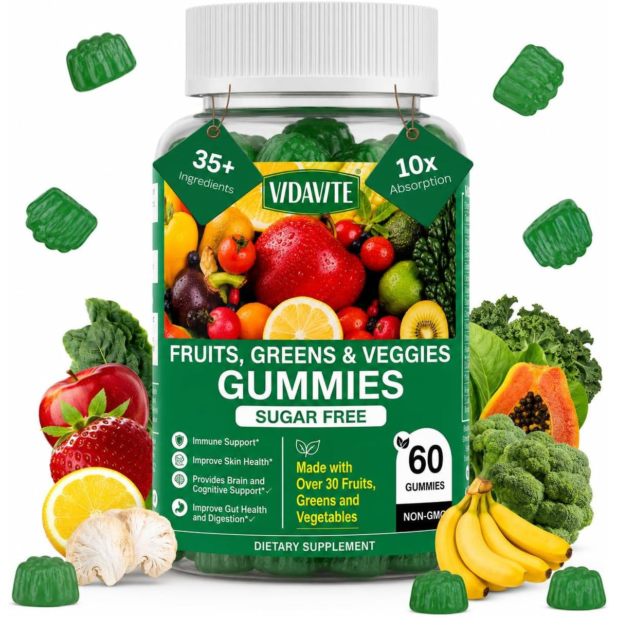 VIDAVITE Sugar-Free Super Greens Gummies — Us-Made, 35+ Fruit and Veggie Gummies to Boost Immunity, Skin & Gut Health — Ideal Fruits and Vegetables Supplement for Adults & Picky Teens (30-Days Supply)