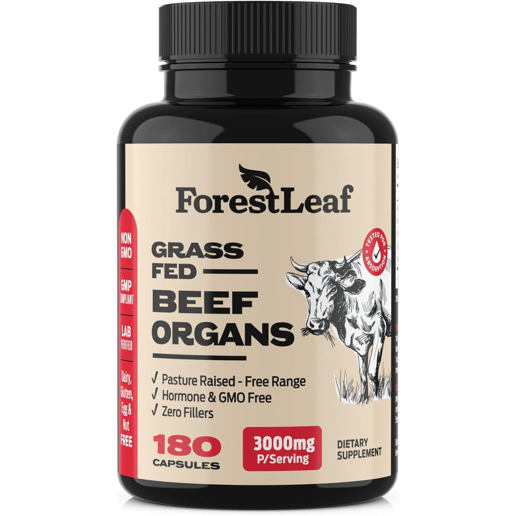Forestleaf Beef Organ Supplement - Grass Fed & Pasture Raised - Total Body Wellness & Performance, Organ Complex with 3000Mg of Desiccated Beef Liver, Heart, Kidney, Pancreas, Spleen (180 Capsules)