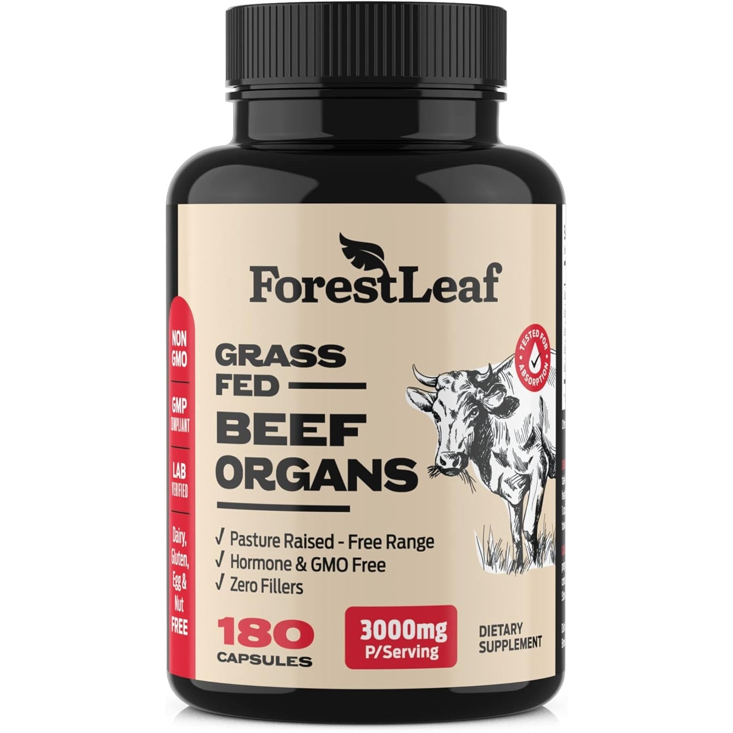 Forestleaf Beef Organ Supplement - Grass Fed & Pasture Raised - Total Body Wellness & Performance, Organ Complex with 3000Mg of Desiccated Beef Liver, Heart, Kidney, Pancreas, Spleen (180 Capsules)