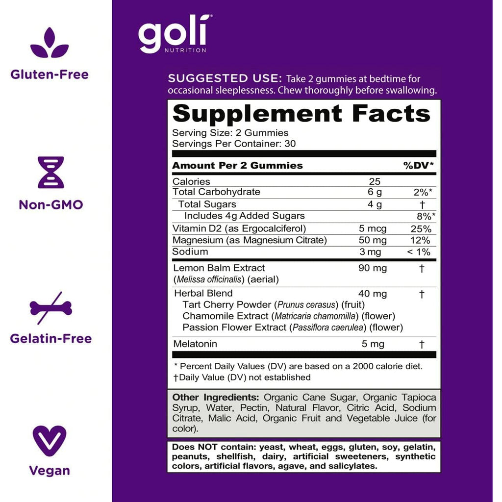 Goli Dreamy Sleep Gummy - 60 Count - Melatonin, Vitamin D, Magnesium, and Lemon Balm Extract - Gelatin-Free, Gluten-Free, Vegan & Non-Gmo
