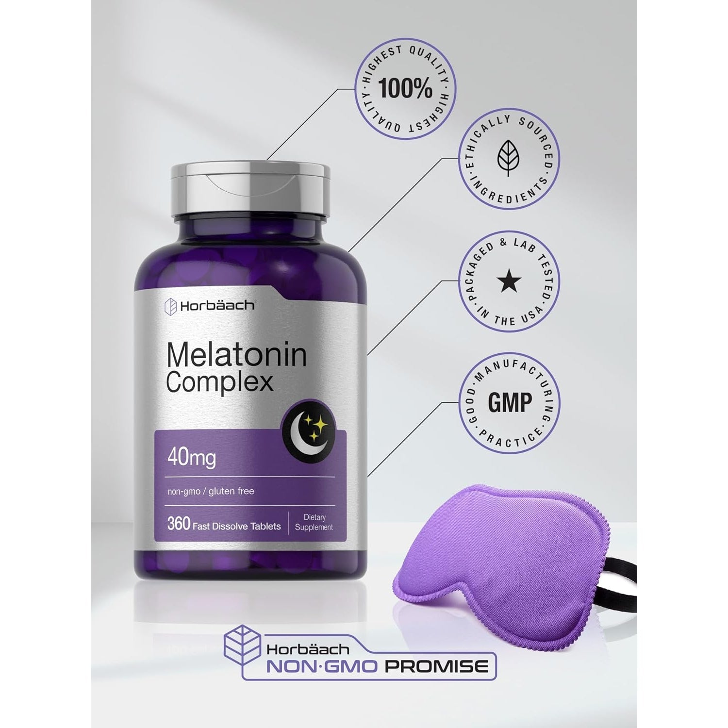 Horbäach Melatonin 40Mg Complex | 360 Fast Dissolve Tablets | Adult Extra Strength Supplement | with Chamomile and Ashwagandha | Vegetarian, Non-Gmo, Gluten Free