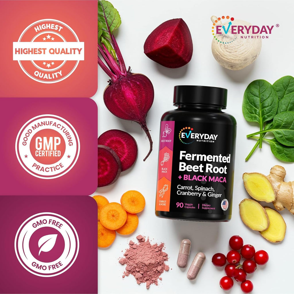 Organic Fermented Beet Root & Black Maca Capsules with Carrot, Spinach, Cranberry & Ginger | Superfood for Energy, Stamina & Wellness | 90 Veggie Capsules | Made in USA