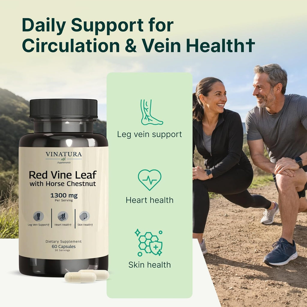 VINATURA Red Vine Leaf Extract - Horse Chestnut, 1300Mg/Serving *USA Made and Tested* Circulation and Vein Support for Healthy Legs - Helps Blood Flow, Leg Circulation - 60 Capsules (30 Servings)