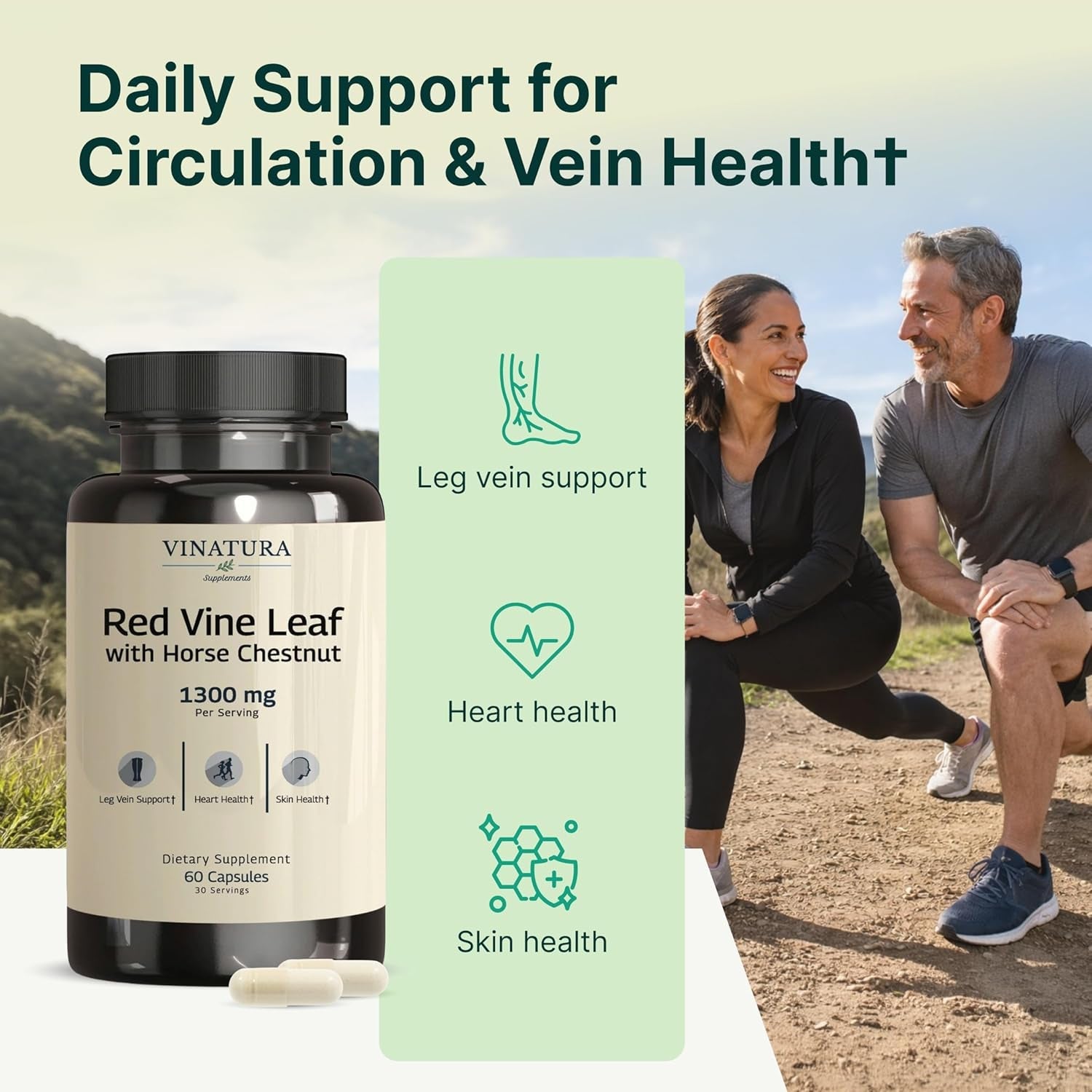 VINATURA Red Vine Leaf Extract - Horse Chestnut, 1300Mg/Serving *USA Made and Tested* Circulation and Vein Support for Healthy Legs - Helps Blood Flow, Leg Circulation - 60 Capsules (30 Servings)