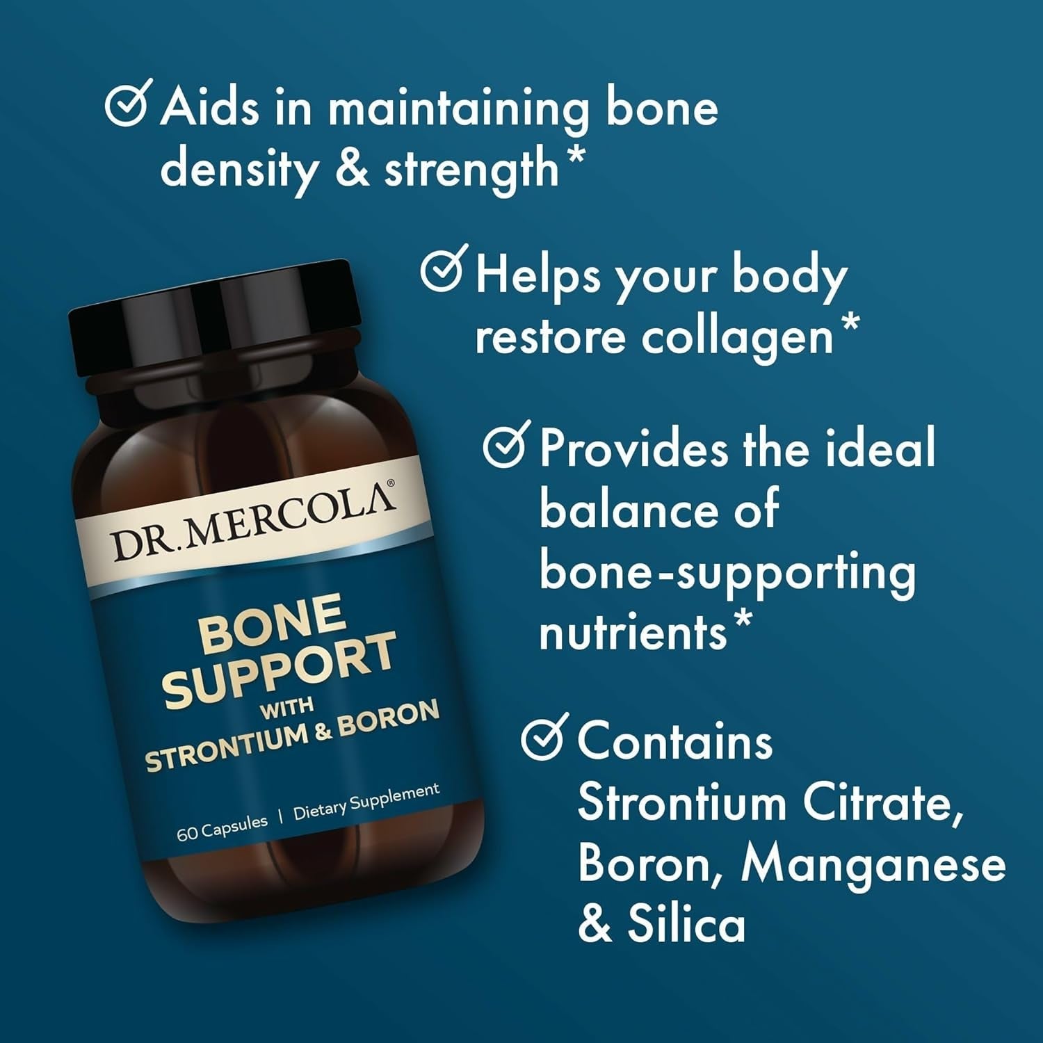 Dr. Mercola Bone Support with Strontium & Boron - Supports Bone Strength - Silica, Manganese & Trace Minerals - Non-Gmo, Gluten-Free & Soy-Free - 60 Capsules (30 Servings)