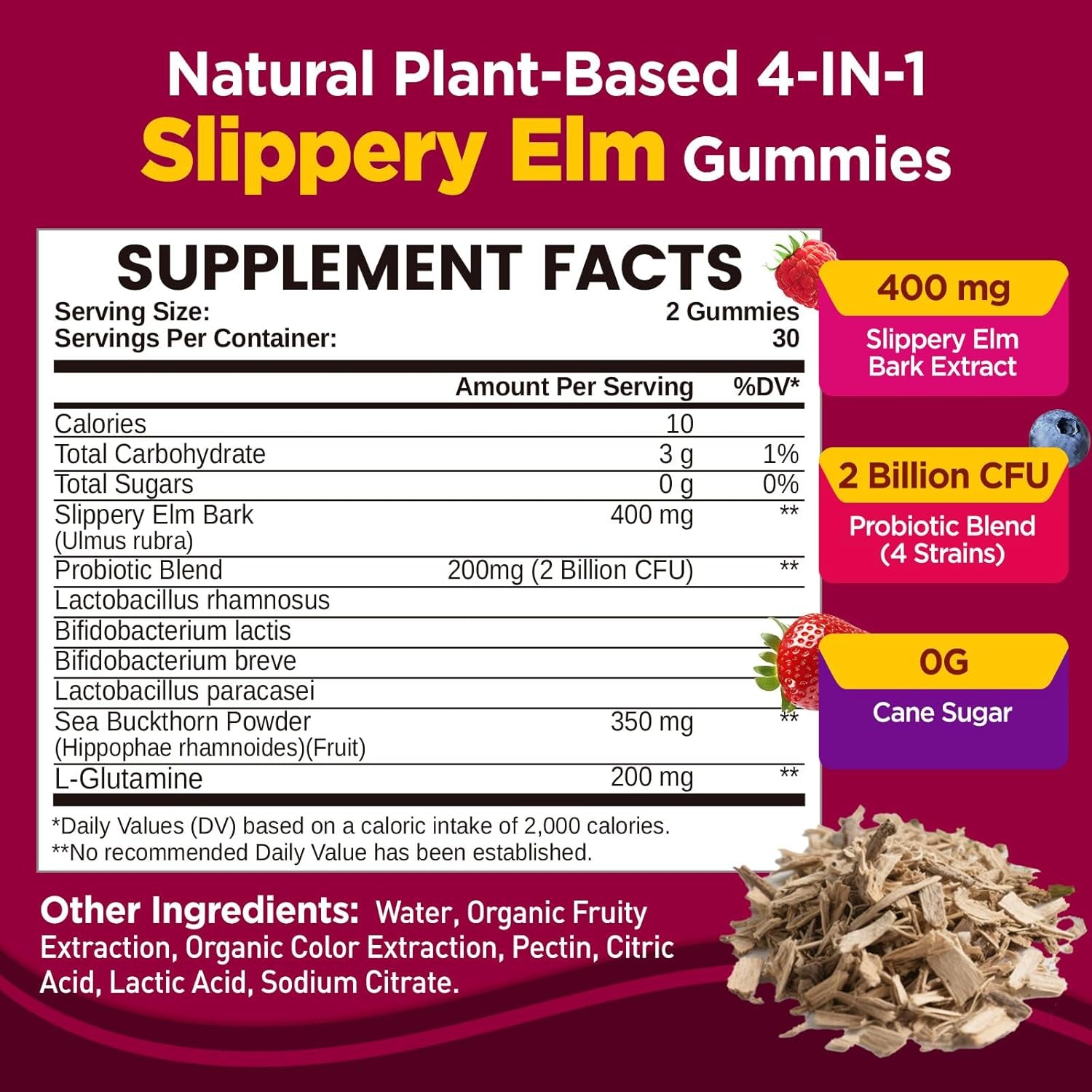 Slippery Elm for Women Gummies, Organic Slippery Elm Bark Extract with Probiotics, Sea Buckthorn, L-Glutamine for Gut & Digestive Health, Throat & Respiratory Support, Sugar Free, Vegan, 60 Gummies