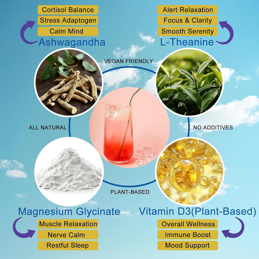 Cortisol Calm Drink Mix with Magnesium Glycinate Powder, L-Theanine, Vitamins, and Ashwagandha for Relaxation & Focus | Adaptogen Drink & Cortisol Support | 30 Packets (Raspberry & Lemon Flavor)