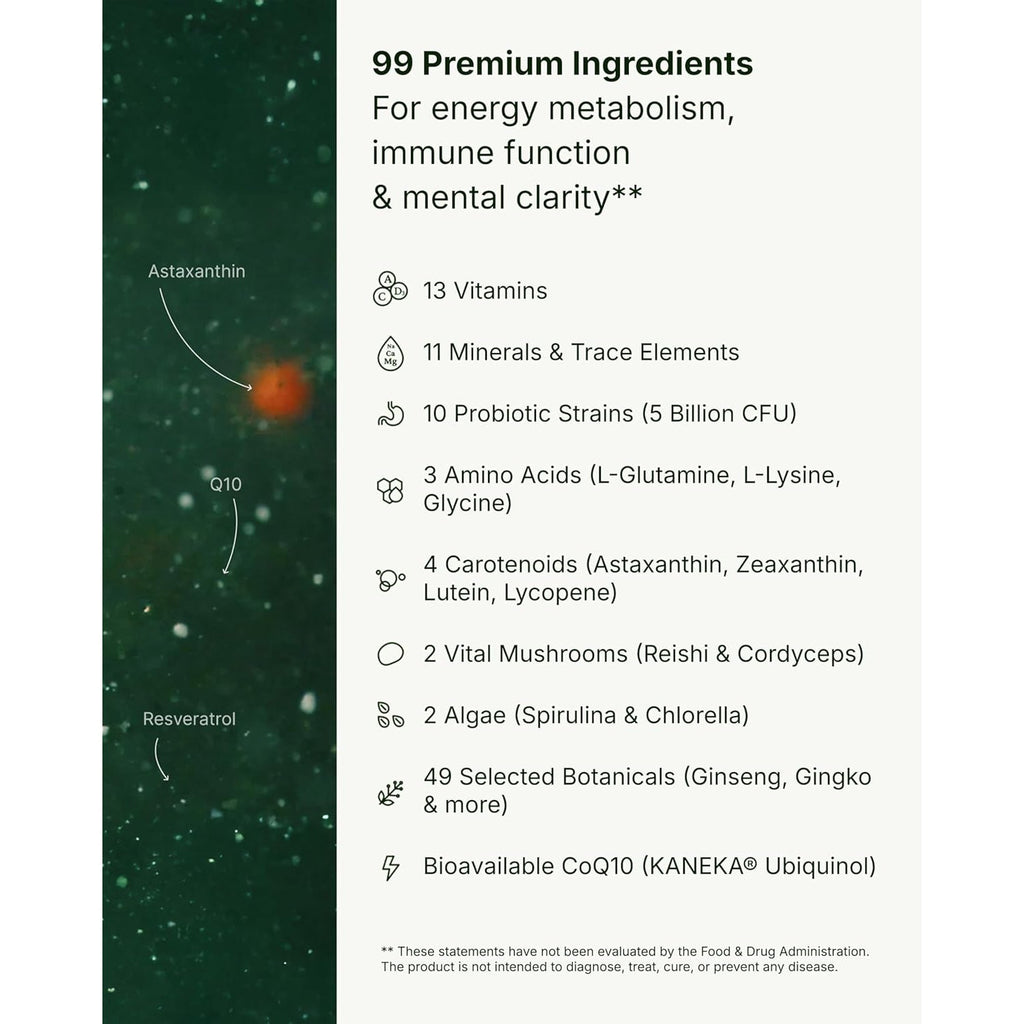 BIOGENA ONE All-In-One Super Greens Powder - 30 Travel Packs + Shaker - Supports Energy Metabolism & Immune Function**- 99 Nutrients with Probiotics, Vitamins & Coq10 - No Added Sugar - Apple-Kiwi