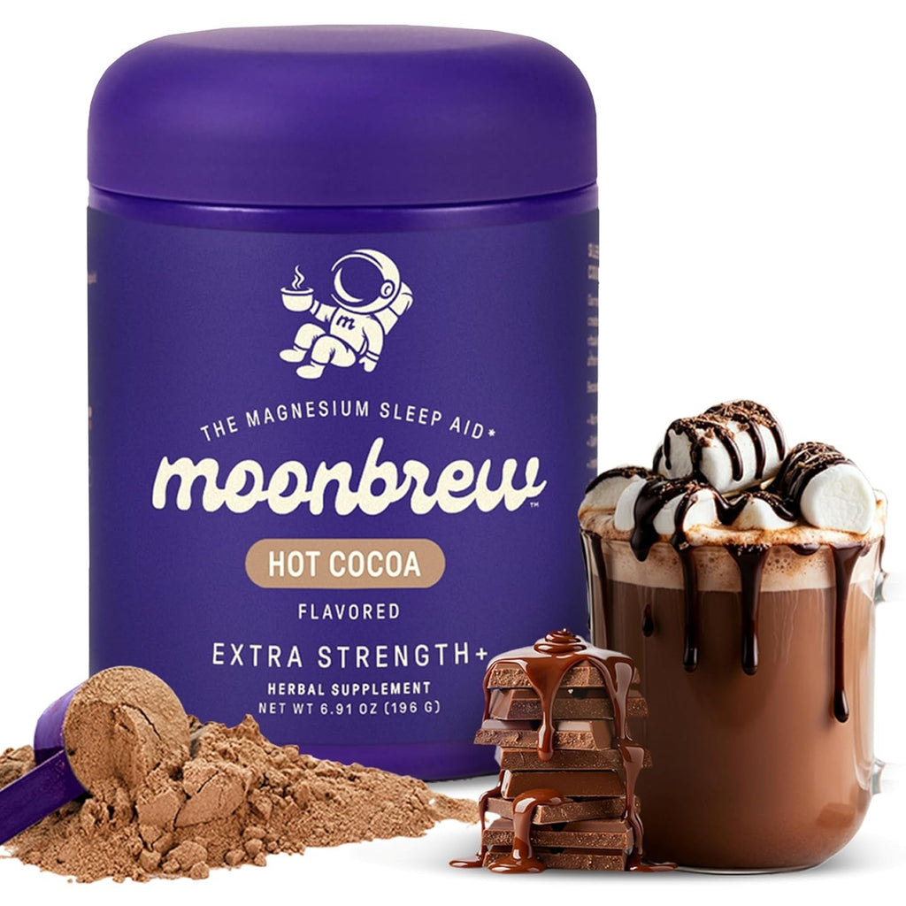 Moonbrew Nighttime Extra Strength Magnesium Hot Cocoa, Natural Sleep Aid Drink Mix for Adults - Calming Melatonin-Free Sleep Support - Hot Chocolate Powder with L-Theanine & Zinc Glycinate