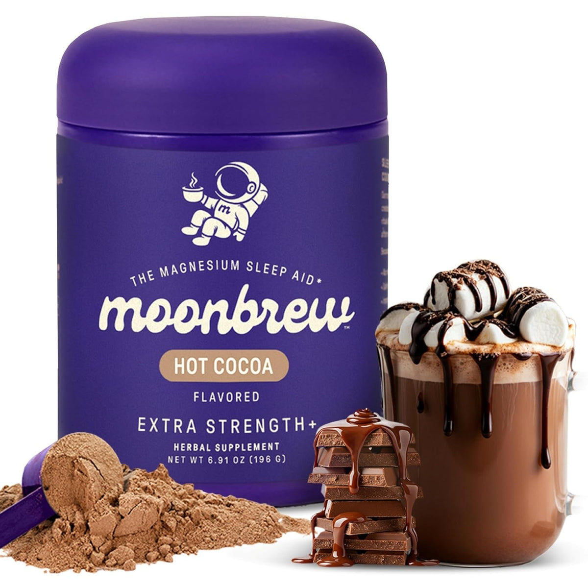 Moonbrew Nighttime Extra Strength Magnesium Hot Cocoa, Natural Sleep Aid Drink Mix for Adults - Calming Melatonin-Free Sleep Support - Hot Chocolate Powder with L-Theanine & Zinc Glycinate