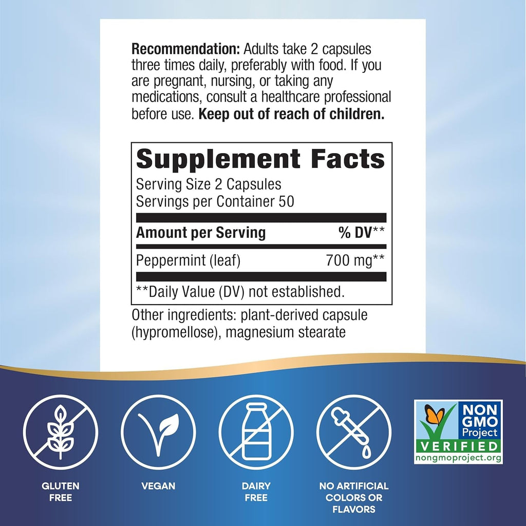 Nature'S Way Peppermint Leaf, Traditionally Used to Soothe Digestion*, 700 Mg per 2-Capsule Serving, Peppermint Supplement, Non-Gmo Project Verified, 100 Vegan Capsules (Packaging May Vary)