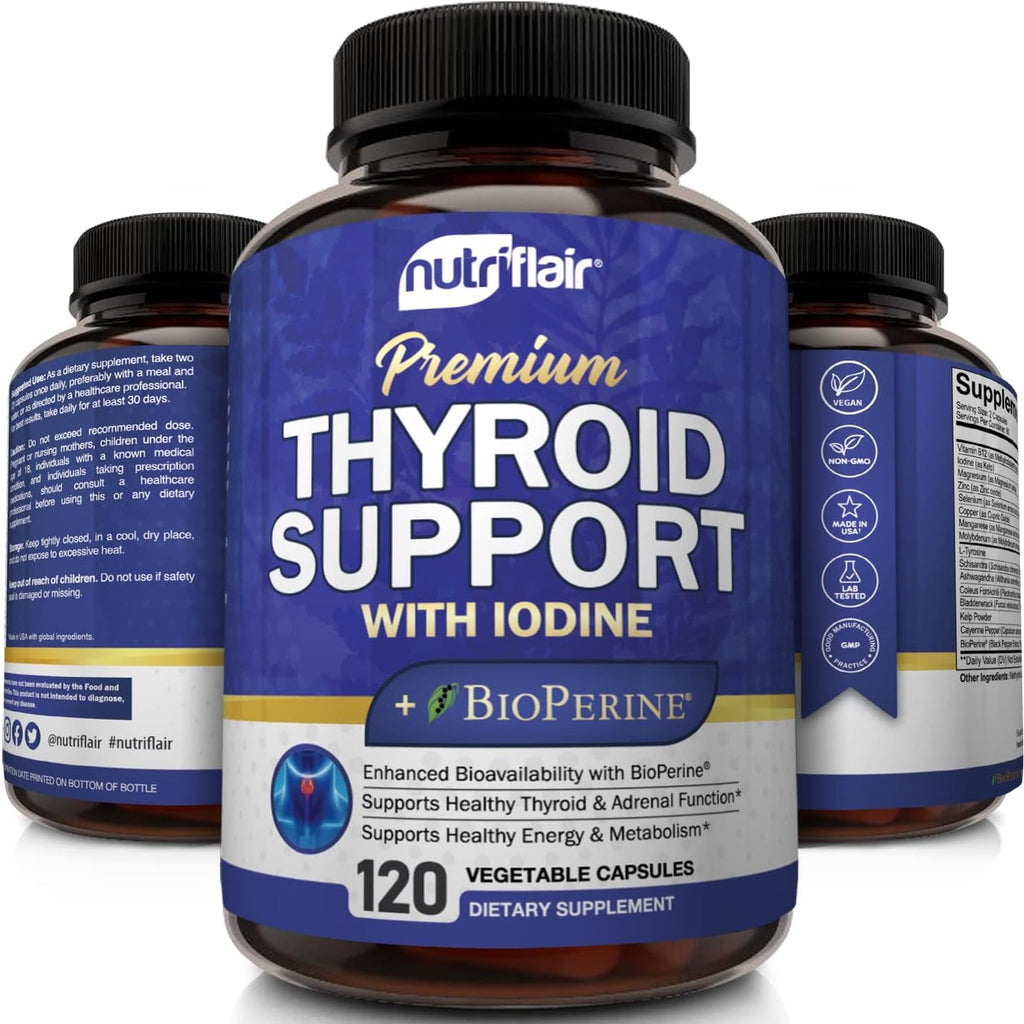 Nutriflair Thyroid Support Complex, 120 Capsules - with Iodine, Black Pepper, Ashwagandha, Vitamin B12 - Thyroid Supplement for Women and Men