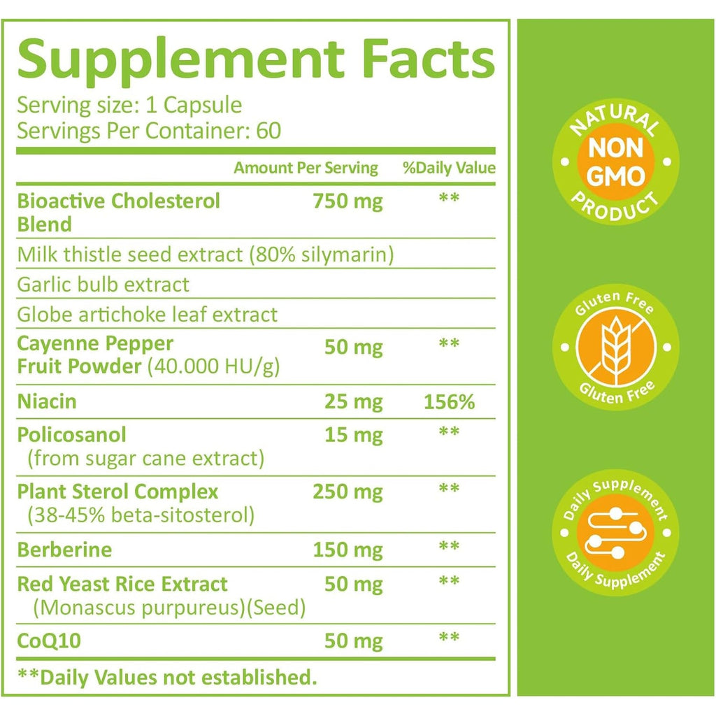 Cholesterol Lowering Supplements & Heart Support with Plant Sterols, Niacin, Red Yeast Rice, Cholesterol Supplements Support Normal Cholesterol Levels 60 Capsules