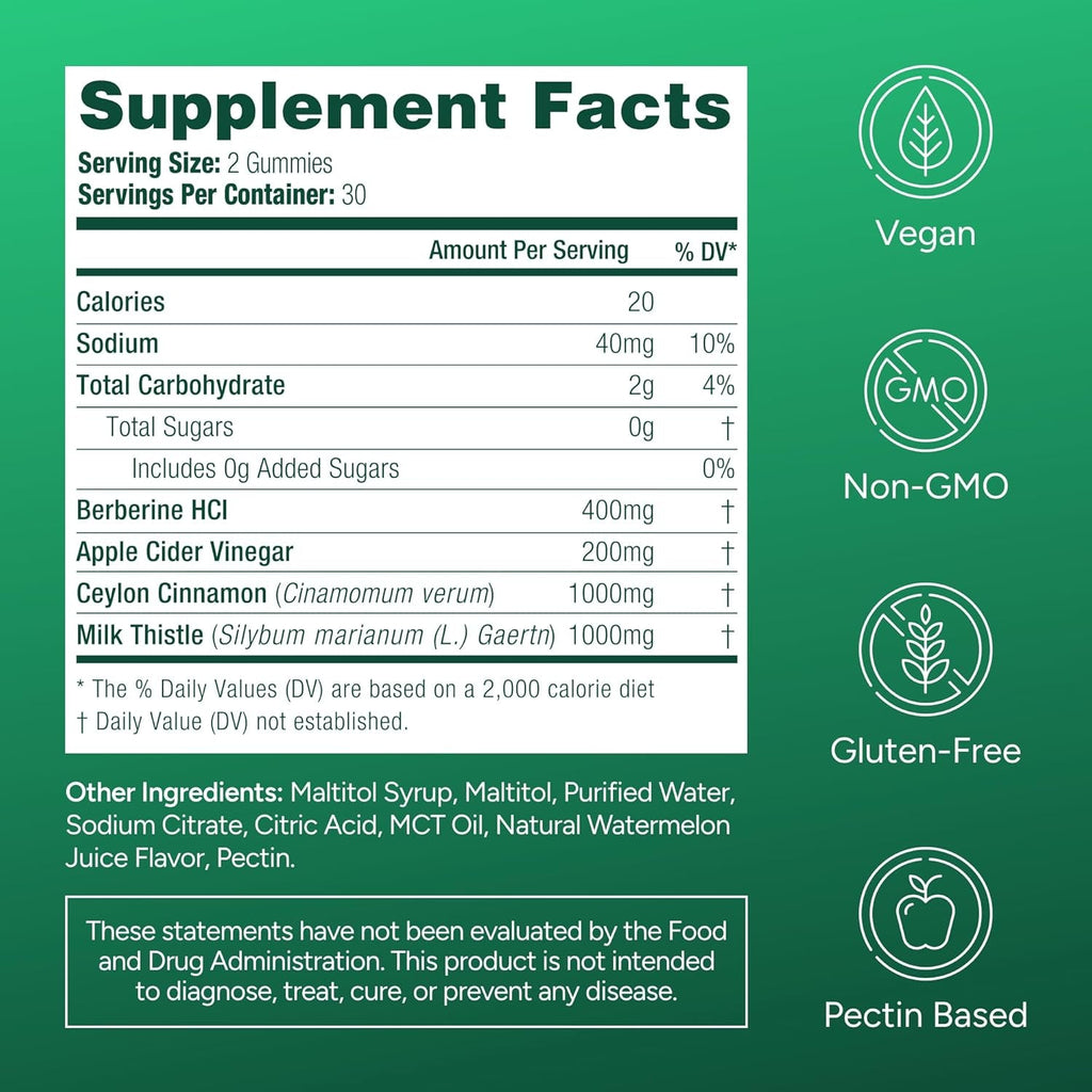 GLP-1 Support Supplement, Sugar-Free Berberine Complex Gummies with Ceylon Cinnamon, Milk Thistle, and ACV [AMPK Metabolic Activator] Berberine Supplement for Weight Loss & Appetite Support