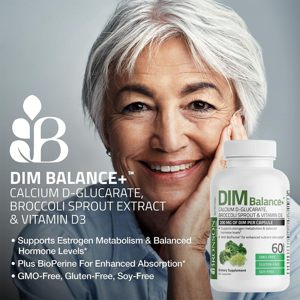 Bronson DIM Balance+ Calcium D-Glucarate, Broccoli Sprouts and Vitamin D3 200 MG of DIM per Capsule Supports Estrogen Metabolism and Balanced Hormone Levels Non-Gmo, 30 Vegetarian Capsules