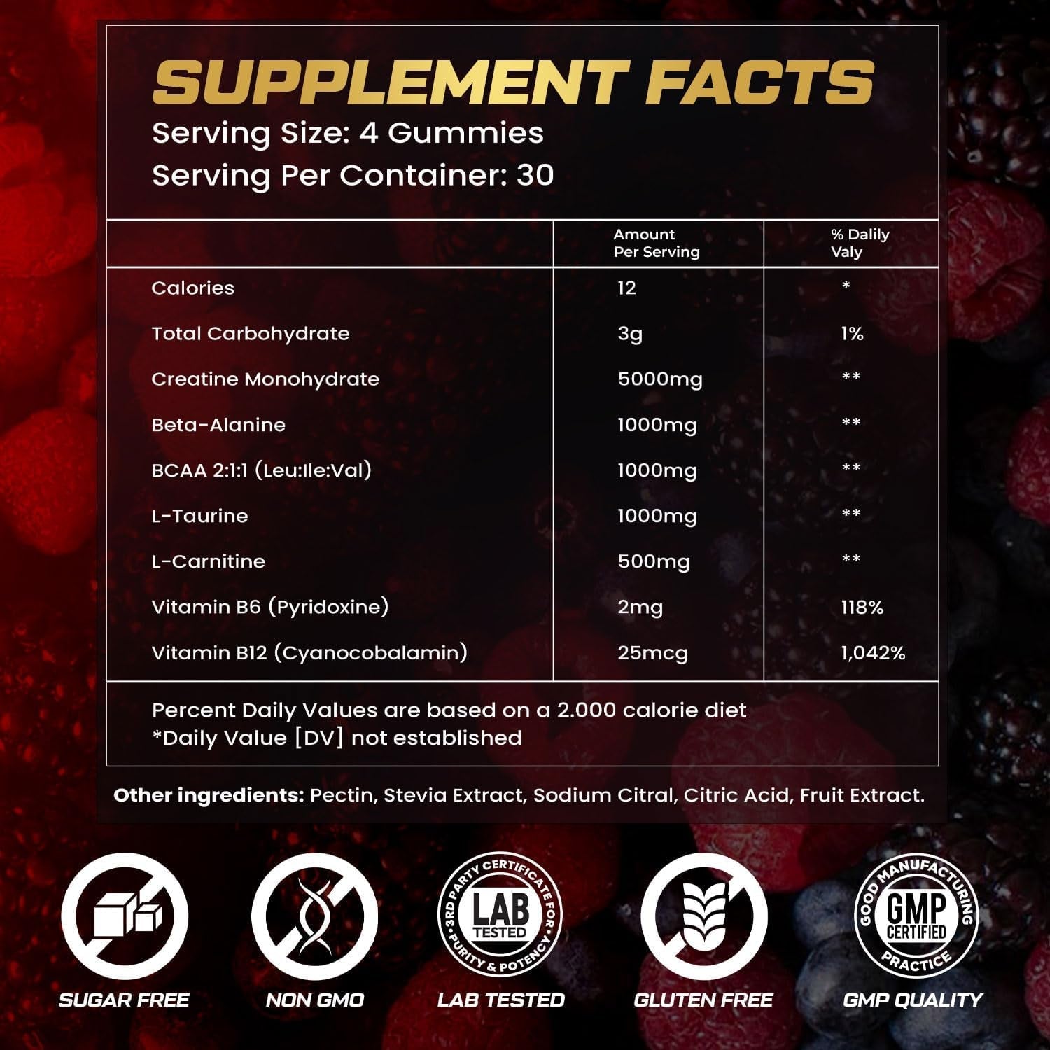 Creatine Monohydrate Gummies for Men & Women, Sugar Free, Mixed Flavored with L-Taurine, BCAA 2:1, B12 B6 for Boost Strength, Focus & Endurance, Vegan, Non-Gmo, 120Pcs