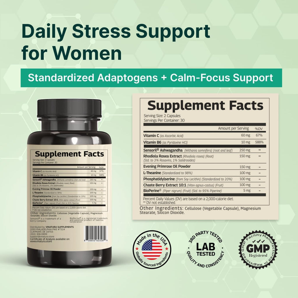 VINATURA Cortisol Supplements for Women - Cortisol Detox and Management - Adrenal Support, Stress Support, 60 Vegan Capsules