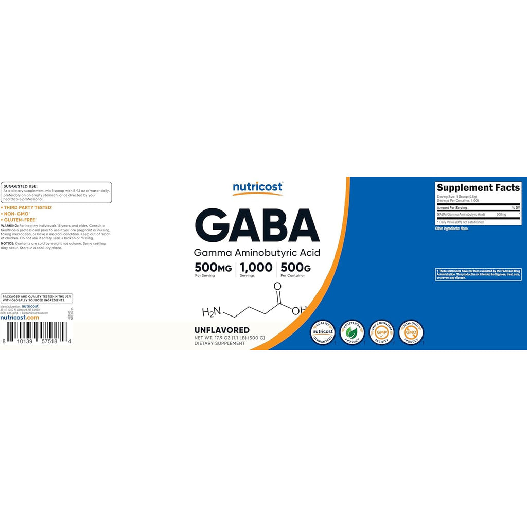 Nutricost Pure GABA 500G Powder (Gamma Aminobutyric Acid) (500 Grams/1.1 Pounds)
