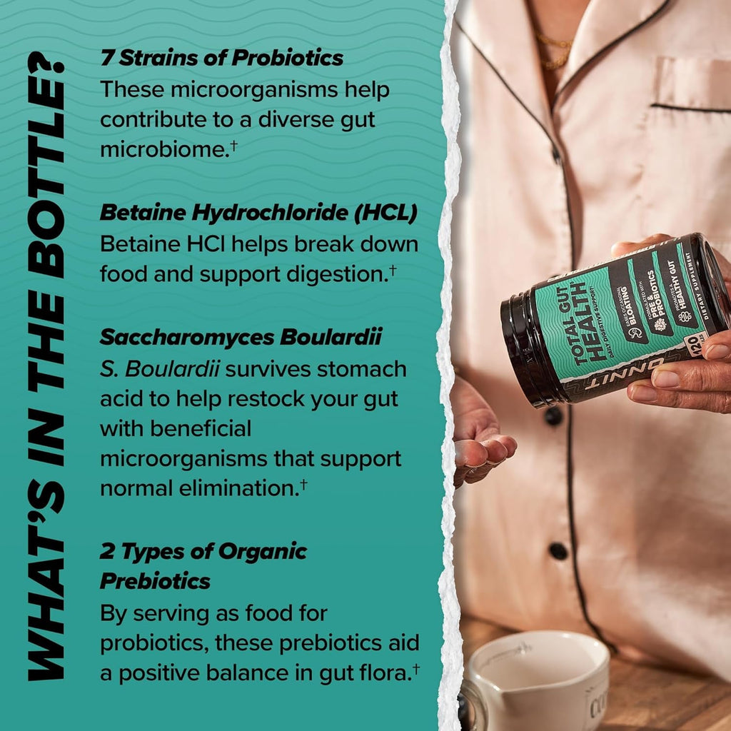 ONNIT Total Gut Health Daily Digestive Support, IGEN Non-Gmo Tested Digestion Supplement for Women and Men with 7 Strains of Probiotics, Prebiotics, Enzymes and Betaine HCL, 120 Count