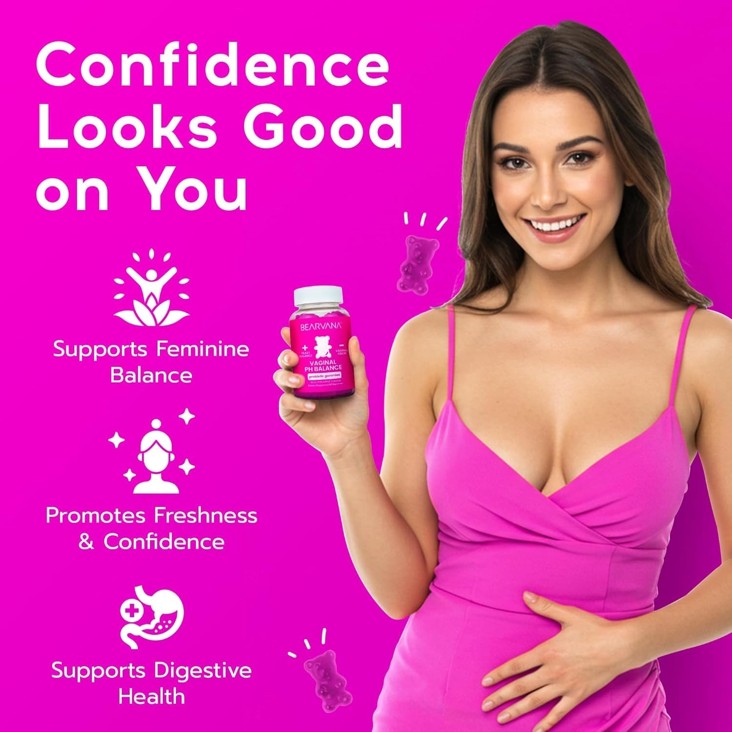 BEARVANA Vaginal Ph Support & Probiotic Gummies for Women | Feminine Wellness & Intimate Care Supplement with Vitamin C | Pineapple Flavor | 60 Gummies