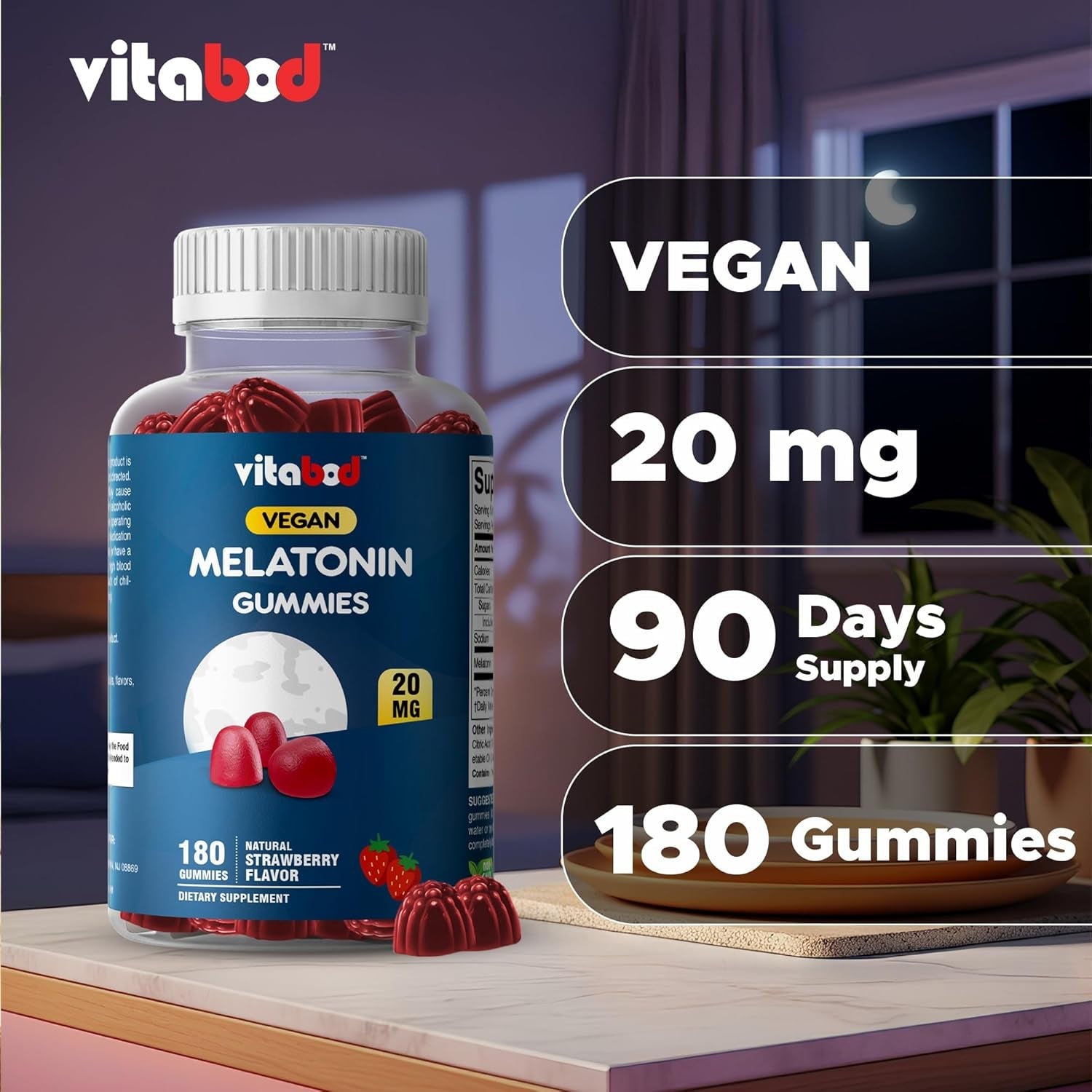 Vitabod Melatonin 20Mg Gummies - 180 Count - Drug Free - Natural Strawberry Flavor - Vegetarian, Non-Gmo, Gluten Free (1 Bottles)