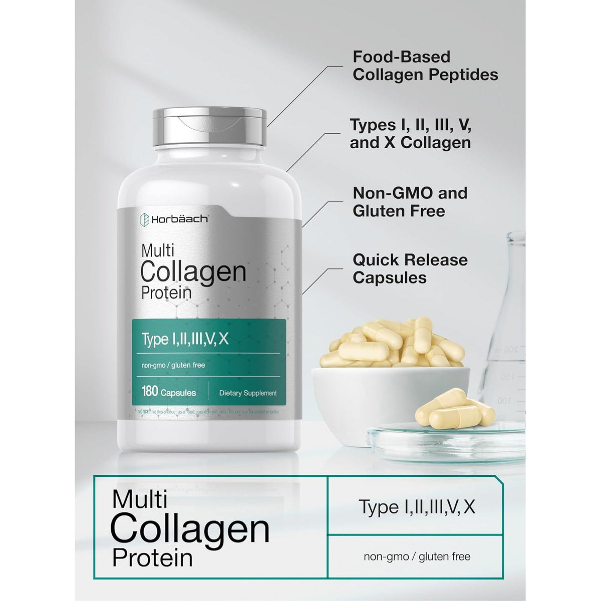 Horbäach Multi Collagen Protein 2000 Mg | 180 Capsules | Hydrolyzed Collagen Type I, II, III, V, X | Keto & Paleo Friendly, Non-Gmo, Gluten Free Supplement