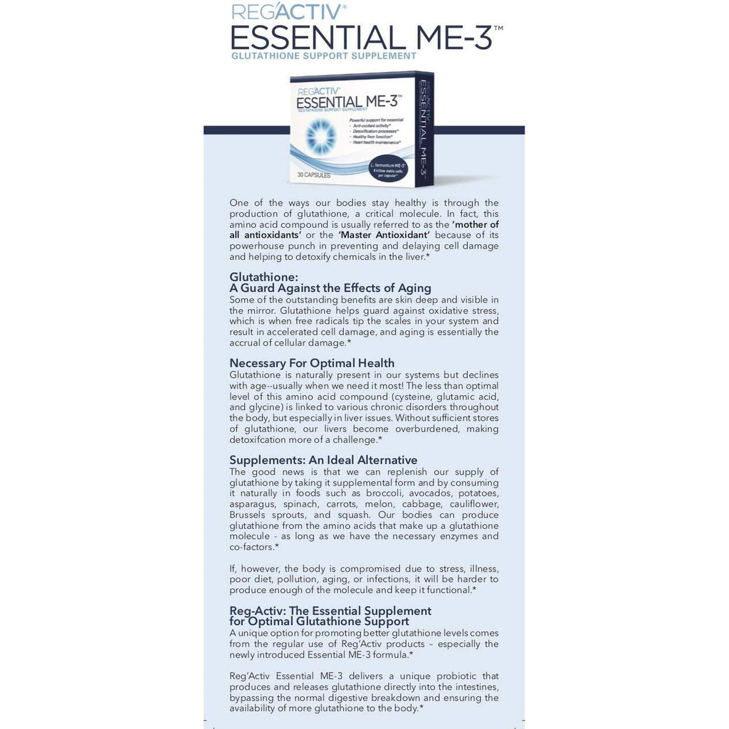Reg'Activ Essential ME-3, 30 Capsules. a Glutathione-Producing Probiotic That Delivers Glutathione to the Intestine for Efficient Guthatione Supplementation