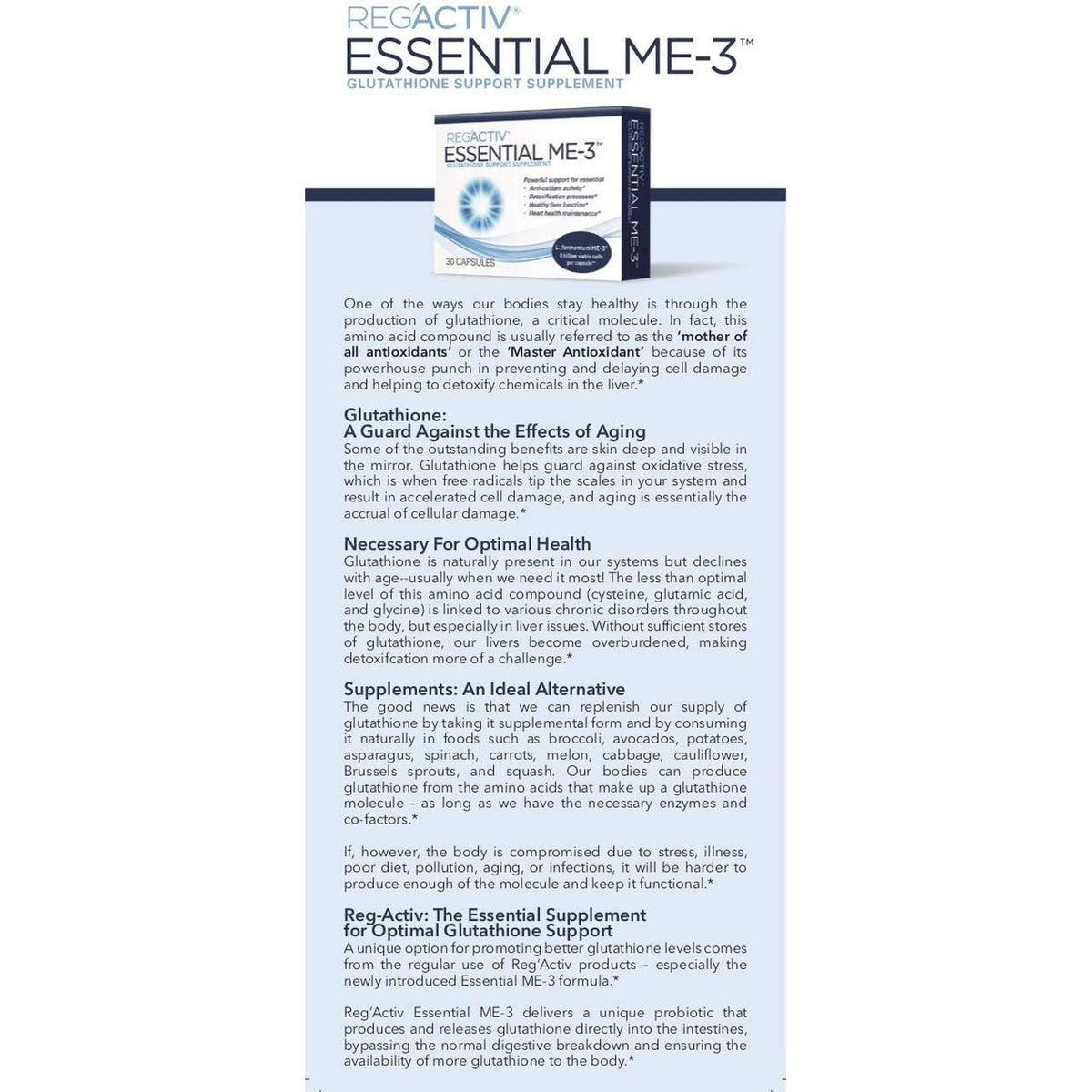 Reg'Activ Essential ME-3, 30 Capsules. a Glutathione-Producing Probiotic That Delivers Glutathione to the Intestine for Efficient Guthatione Supplementation