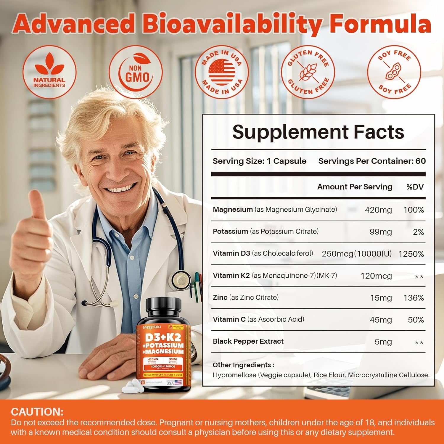 Vitamin D3 K2 (MK-7) 10,000 IU with Magnesium Glycinate & Potassium Supplement - Systemic Complex for Bone, Muscle, Heart, Immune, Energy & Sleep Support – High Absorption, 60 Capsules