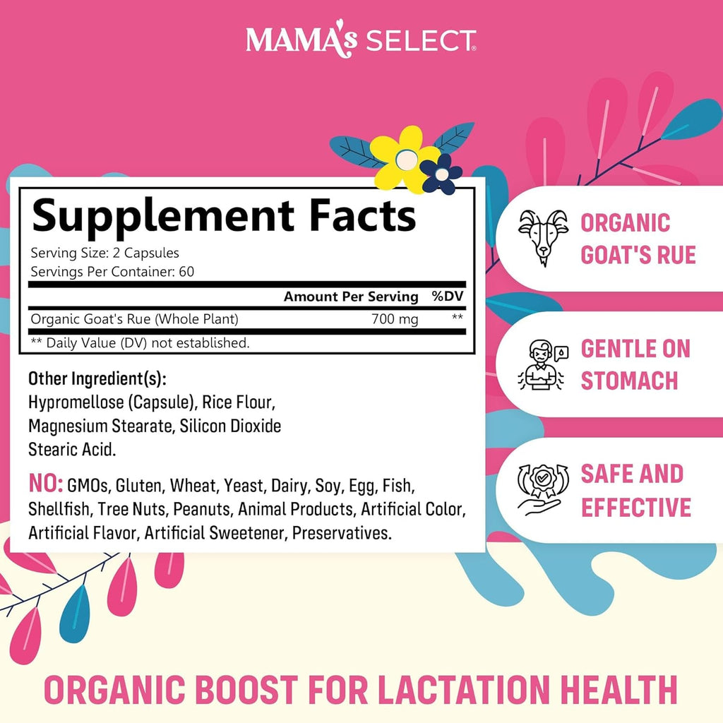 Mama'S Select Organic Goat’S Rue Capsules for Breast Milk Production – Non-Gmo, Vegan, Gluten- Free Lactation Support Supplement – Safe & Effective for Nursing Moms – Third-Party Tested
