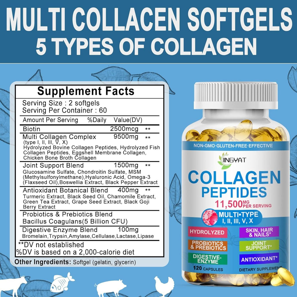 Collagen Peptides Softgels, Multi Collagen Peptide W/ Glucosamine Chondroitin MSM Biotin, Hydrolyzed Collagen Peptides Complex for Women Supports Skin Hair Nail Joints Bones Gut Health, Non-Gmo