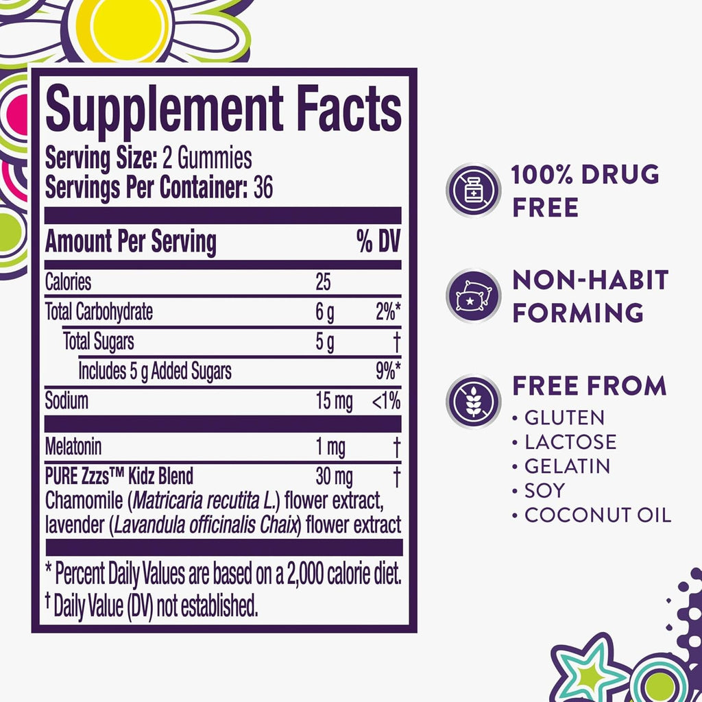 Pure Zzzs, Kidz, Kids Melatonin Gummy, Sleep Aid, Low Amount of Melatonin for Kids, with Chamomile and Lavender, 1 Mg, Berry Flavored, 72 Count