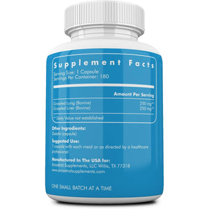 Ancestral Supplements Grass Fed Beef Lung Supplement with Liver, 500Mg, Lung and Liver Supplement Supports Lung, Respiratory, Vascular, and Circulatory Health, Non-Gmo, 180 Capsules