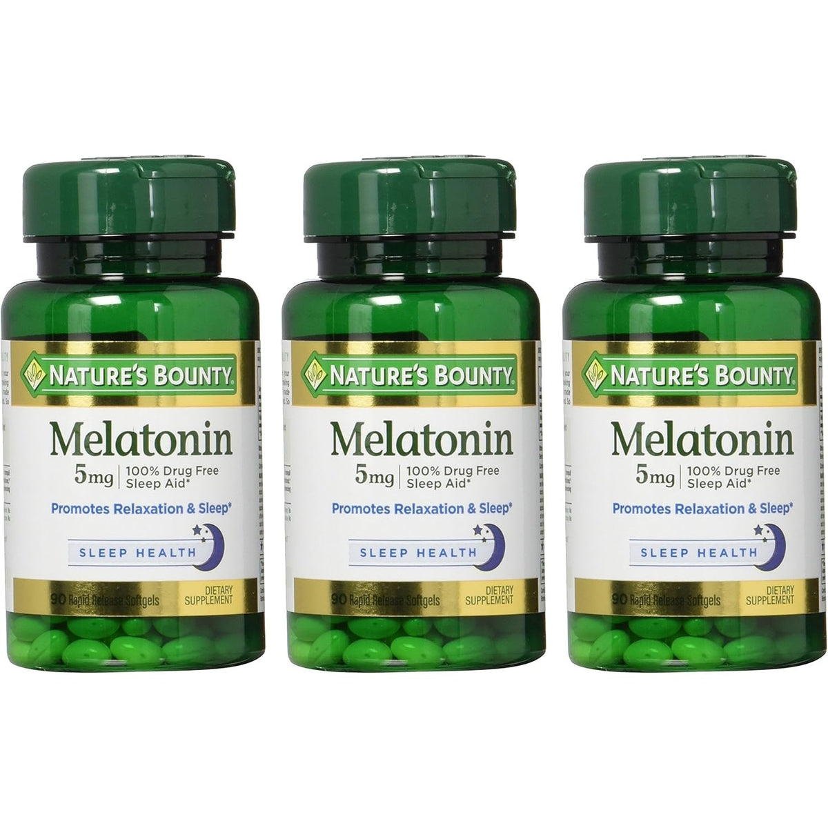 Nature'S Bounty Melatonin 100% Drug Free Sleep Aid, Dietary Supplement, Promotes Relaxation and Sleep Health, 5 Mg, 90 Count, Pack of 3