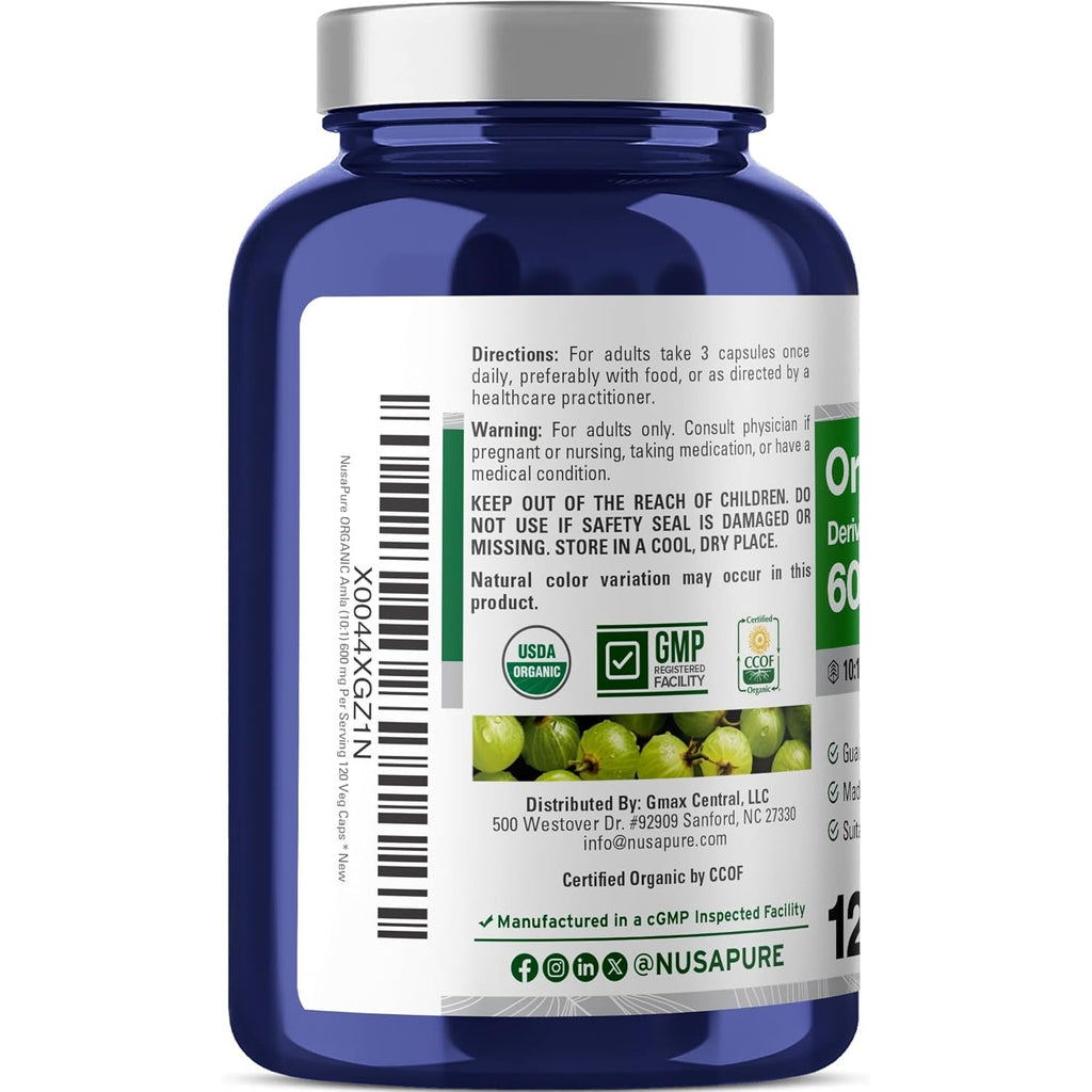 Nusapure Organic Amla Capsules 600 Mg , 120 Veg Capsules (USDA, Vegan, Non-Gmo)