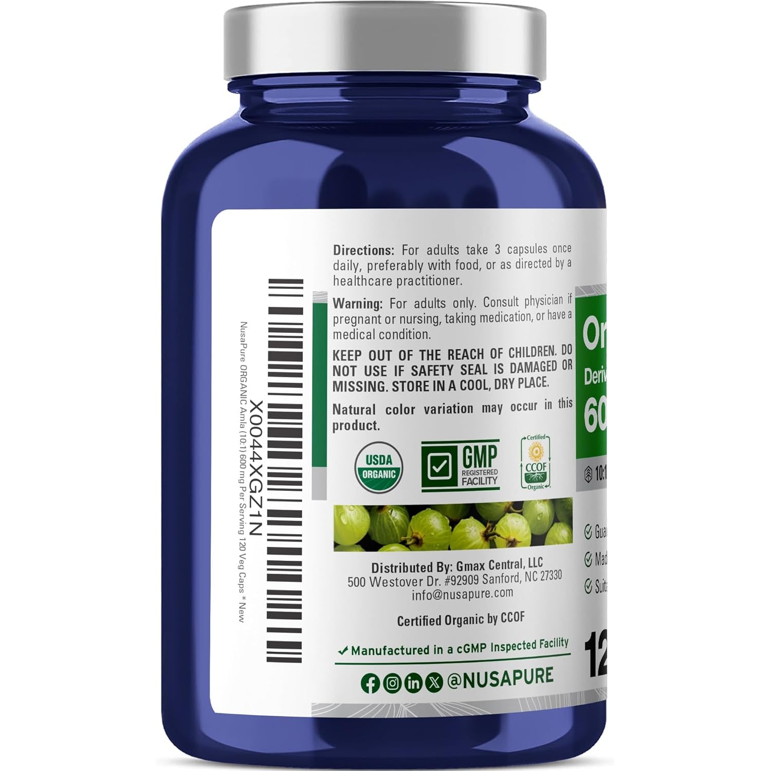 Nusapure Organic Amla Capsules 600 Mg , 120 Veg Capsules (USDA, Vegan, Non-Gmo)